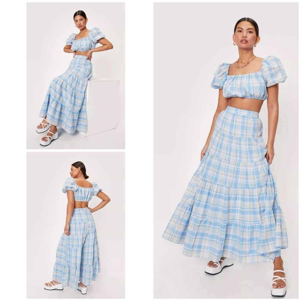 NWT Nasty gal Gingham Cropped Puff Sleeves Check Tiered High Waisted Skirt Set‌